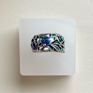 Floral Silver Ring with Blue and Green finish